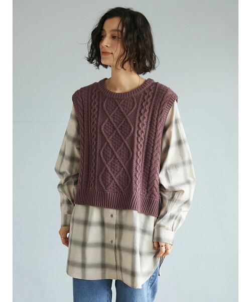 CRAFT STANDARD BOUTIQUE(クラフトスタンダードブティック)の「ケーブルニットドッキングシャツ *(ニット/セーター・レディース・パープル/チャコールグレー・FREE)」の4枚目の写真