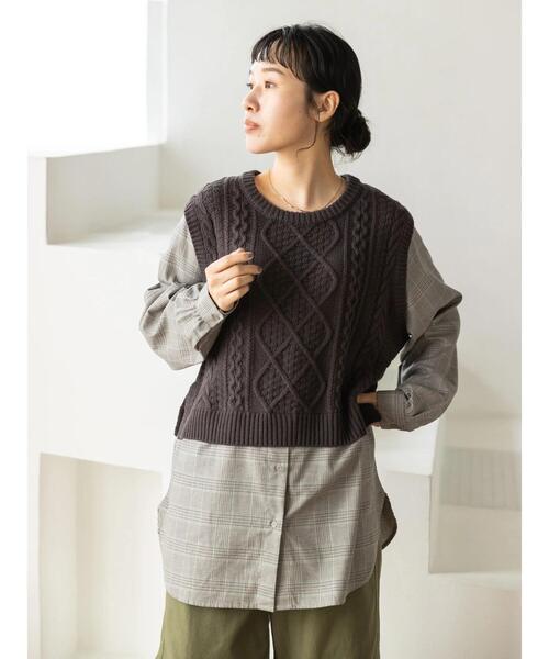 CRAFT STANDARD BOUTIQUE(クラフトスタンダードブティック)の「ケーブルニットドッキングシャツ *(ニット/セーター・レディース・パープル/チャコールグレー・FREE)」の5枚目の写真