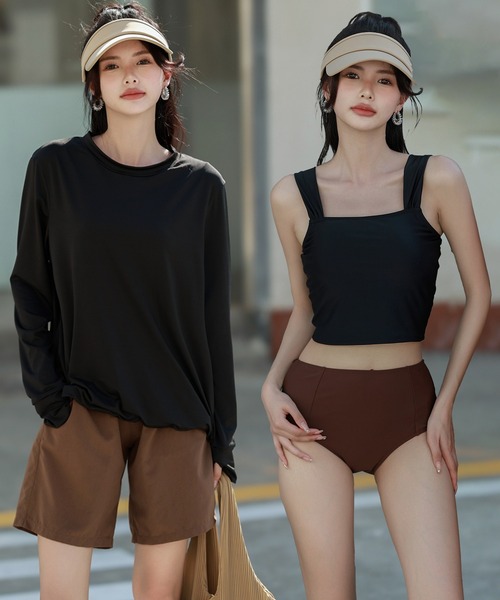 TeddyShop(テディショップ)の「【紫外線遮蔽率 99.9%以上/UPF50+/大きいサイズ有】レディース水着 体型カバー 長袖ラッシュガード タンキニ 4点セット【WEB限定】(水着・レディース・ブルー/ブラック×カーキ/ベージュ系その他/ブラック系その他/ブラウン系その他/ブラウン系その他2/テラコッタ/カーキ/ブラウン系その他3/ベージュ×ブラック/ブラック×グリーン/スモークピンク/ダークブルー/ブルー系その他/ブラック系その他2/ベージュ系その他2/グレイッシュベージュ/ライム/ブラック系その他3/クリーム/ホワイト×グリーン/ブラウン系その他4/ホワイト×ブルー/ピンク系その他/ブルーグレー/ライトブルー/ブラック系その他5/ブラック系その他4/ハウンドトゥース/チェック/ブルー系その他3/ブルー系その他2・L/LL/M/S/4L/3L)」の12枚目の写真