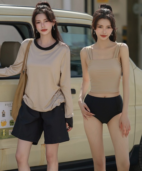 TeddyShop(テディショップ)の「【紫外線遮蔽率 99.9%以上/UPF50+/大きいサイズ有】レディース水着 体型カバー 長袖ラッシュガード タンキニ 4点セット【WEB限定】(水着・レディース・ブルー/ブラック×カーキ/ベージュ系その他/ブラック系その他/ブラウン系その他/ブラウン系その他2/テラコッタ/カーキ/ブラウン系その他3/ベージュ×ブラック/ブラック×グリーン/スモークピンク/ダークブルー/ブルー系その他/ブラック系その他2/ベージュ系その他2/グレイッシュベージュ/ライム/ブラック系その他3/クリーム/ホワイト×グリーン/ブラウン系その他4/ホワイト×ブルー/ピンク系その他/ブルーグレー/ライトブルー/ブラック系その他5/ブラック系その他4/ハウンドトゥース/チェック/ブルー系その他3/ブルー系その他2・L/LL/M/S/4L/3L)」の20枚目の写真