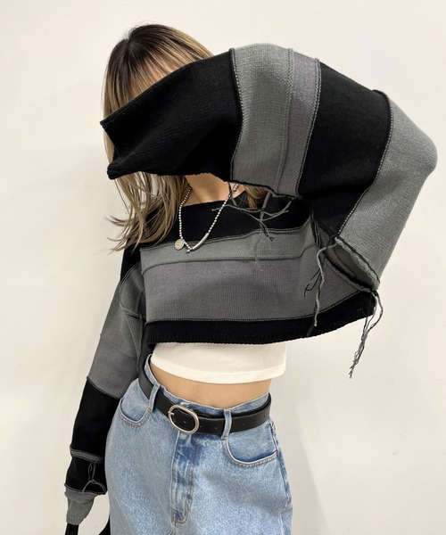 WHO'S WHO gallery（フーズフーギャラリー）の「リバ―シブルボーダーショートニット（ニット/セーター・レディース・ホワイト系/ブラック系/グリーン系/パープル系・FREE）」の3枚目の写真