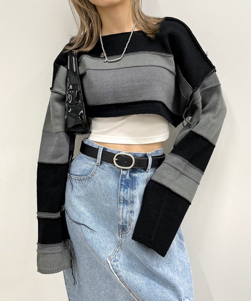 WHO'S WHO gallery（フーズフーギャラリー）の「リバ―シブルボーダーショートニット（ニット/セーター・レディース・ホワイト系/ブラック系/グリーン系/パープル系・FREE）」の10枚目の写真