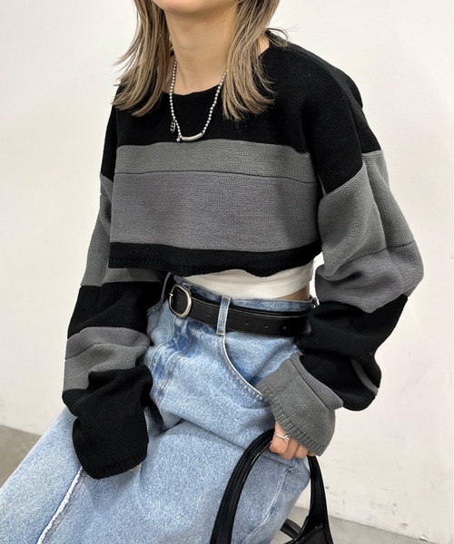 WHO'S WHO gallery（フーズフーギャラリー）の「リバ―シブルボーダーショートニット（ニット/セーター・レディース・ホワイト系/ブラック系/グリーン系/パープル系・FREE）」の15枚目の写真