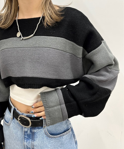 WHO'S WHO gallery（フーズフーギャラリー）の「リバ―シブルボーダーショートニット（ニット/セーター・レディース・ホワイト系/ブラック系/グリーン系/パープル系・FREE）」の6枚目の写真