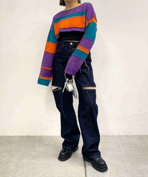 WHO'S WHO gallery（フーズフーギャラリー）の「リバ―シブルボーダーショートニット（ニット/セーター・レディース・ホワイト系/ブラック系/グリーン系/パープル系・FREE）」の9枚目の写真