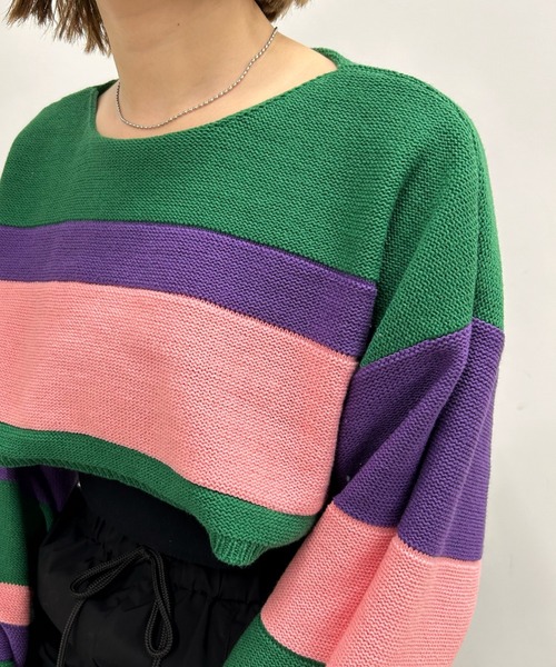 WHO'S WHO gallery（フーズフーギャラリー）の「リバ―シブルボーダーショートニット（ニット/セーター・レディース・ホワイト系/ブラック系/グリーン系/パープル系・FREE）」の14枚目の写真