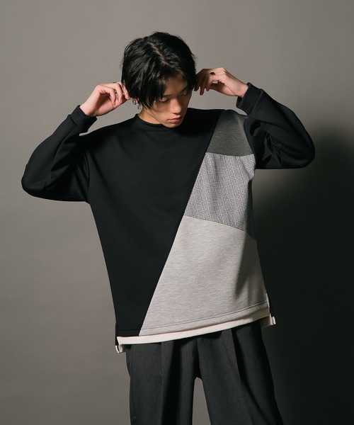 Blue Standard (ブルースタンダード)の「【BLUE STANDARD/ブルースタンダード】フェイクレイヤード 切り替えデザイン ダンボールカットソー ロンT(Tシャツ/カットソー・メンズ・グリーン/ブラック/ブラック系その他/グレー・MEDIUM/LARGE/X-LARGE)」の3枚目の写真