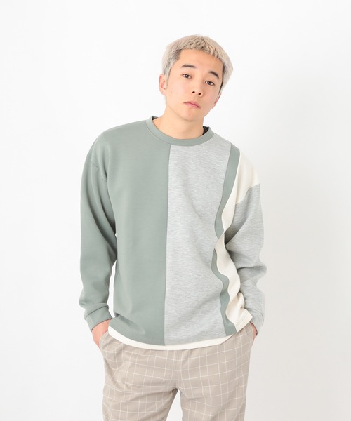 Blue Standard (ブルースタンダード)の「【BLUE STANDARD/ブルースタンダード】フェイクレイヤード 切り替えデザイン ダンボールカットソー ロンT(Tシャツ/カットソー・メンズ・グリーン/ブラック/ブラック系その他/グレー・MEDIUM/LARGE/X-LARGE)」の1枚目の写真