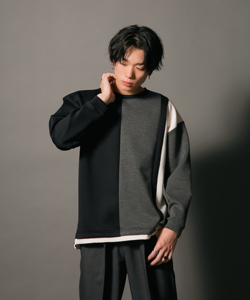 Blue Standard (ブルースタンダード)の「【BLUE STANDARD/ブルースタンダード】フェイクレイヤード 切り替えデザイン ダンボールカットソー ロンT(Tシャツ/カットソー・メンズ・グリーン/ブラック/ブラック系その他/グレー・MEDIUM/LARGE/X-LARGE)」の2枚目の写真
