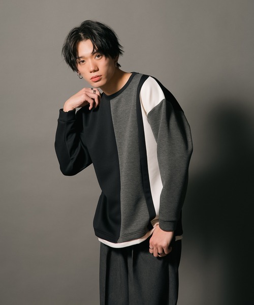 Blue Standard (ブルースタンダード)の「【BLUE STANDARD/ブルースタンダード】フェイクレイヤード 切り替えデザイン ダンボールカットソー ロンT(Tシャツ/カットソー・メンズ・グリーン/ブラック/ブラック系その他/グレー・MEDIUM/LARGE/X-LARGE)」の11枚目の写真