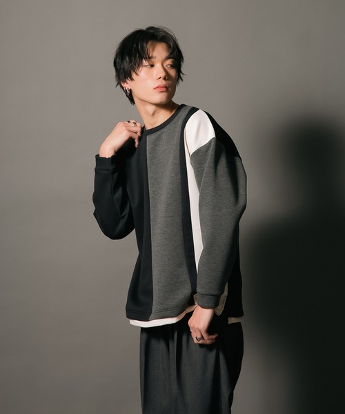 Blue Standard (ブルースタンダード)の「【BLUE STANDARD/ブルースタンダード】フェイクレイヤード 切り替えデザイン ダンボールカットソー ロンT(Tシャツ/カットソー・メンズ・グリーン/ブラック/ブラック系その他/グレー・MEDIUM/LARGE/X-LARGE)」の12枚目の写真
