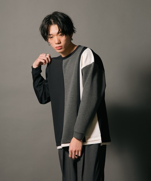 Blue Standard (ブルースタンダード)の「【BLUE STANDARD/ブルースタンダード】フェイクレイヤード 切り替えデザイン ダンボールカットソー ロンT(Tシャツ/カットソー・メンズ・グリーン/ブラック/ブラック系その他/グレー・MEDIUM/LARGE/X-LARGE)」の13枚目の写真