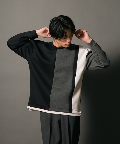 Blue Standard (ブルースタンダード)の「【BLUE STANDARD/ブルースタンダード】フェイクレイヤード 切り替えデザイン ダンボールカットソー ロンT(Tシャツ/カットソー・メンズ・グリーン/ブラック/ブラック系その他/グレー・MEDIUM/LARGE/X-LARGE)」の14枚目の写真