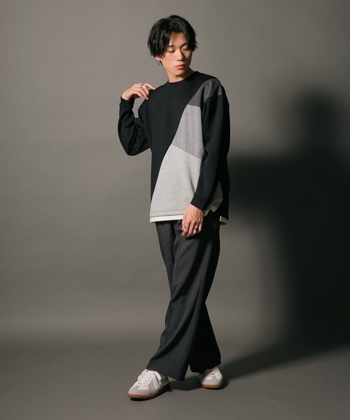 Blue Standard (ブルースタンダード)の「【BLUE STANDARD/ブルースタンダード】フェイクレイヤード 切り替えデザイン ダンボールカットソー ロンT(Tシャツ/カットソー・メンズ・グリーン/ブラック/ブラック系その他/グレー・MEDIUM/LARGE/X-LARGE)」の20枚目の写真