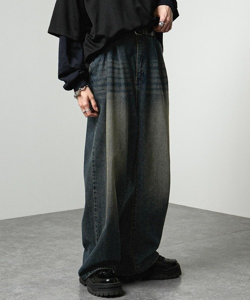 【美品】RRL　デニム トラウザーズ　タック&ワイド　リネン　麻　ビンテージ加工 セール】【Alfred Alex】ケミカル ヴィンテージ メイク タック