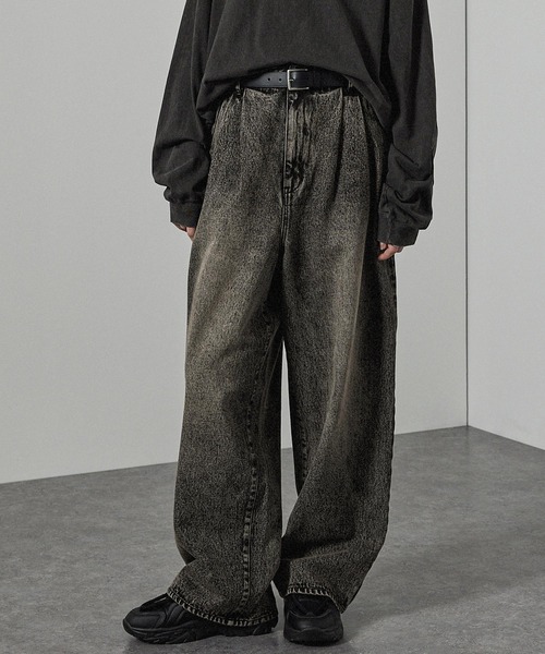 【美品】RRL　デニム トラウザーズ　タック&ワイド　リネン　麻　ビンテージ加工 美品】RRL デニム トラウザーズ タック&ワイド リネン 麻
