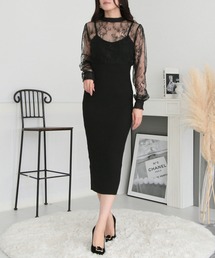 Julia Boutique | ロング丈・レースドッキングタイトニットワンピース/23017(ワンピース)