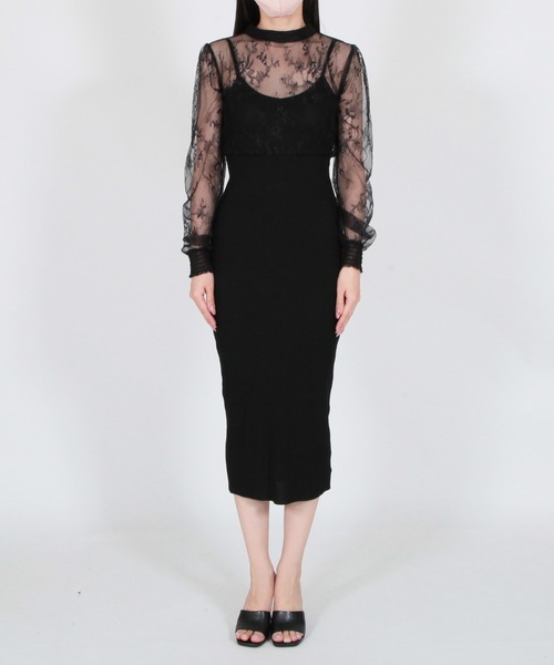 ロング丈・レースドッキングタイトニットワンピース/23017（ワンピース