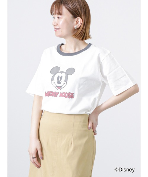Lugnoncure（ルノンキュール）の「【Disney】ミッキー/リンガーTシャツ（Tシャツ/カットソー・レディース・オフホワイト/ベージュ/チャコール・ﾌﾘ-）」の2枚目の写真