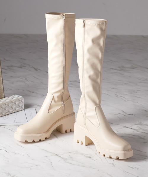 VIVIAN（ヴィヴィアン）の「スクエアトゥ厚底ストレッチロングブーツ（ブーツ・レディース・ブラック/ブラック系その他3/アイボリー/ダークブラウン/ナチュラル・S/L/LL/M/SS/XL）」の9枚目の写真