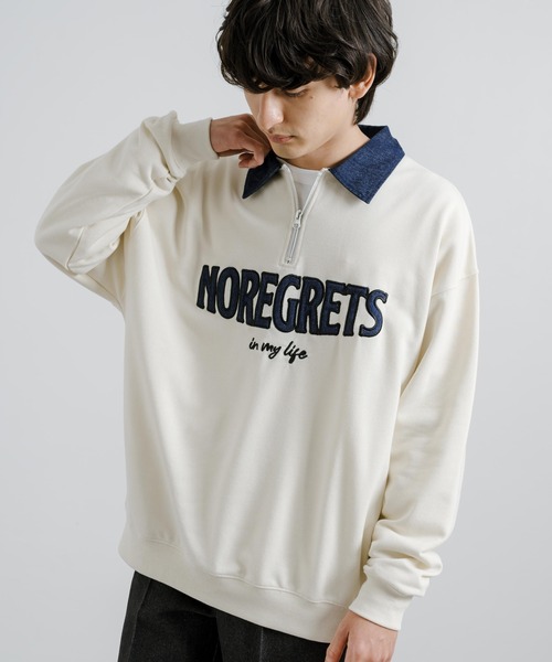 Rocky Monroe（ロッキーモンロー）の「オーバーサイズ 裏毛 襟デニムハーフZIPスウェット（スウェット・メンズ・ダークオレンジ/アイボリー/ブラック・M/L）」の2枚目の写真