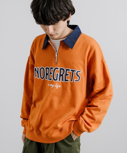 Rocky Monroe（ロッキーモンロー）の「オーバーサイズ 裏毛 襟デニムハーフZIPスウェット（スウェット・メンズ・ダークオレンジ/アイボリー/ブラック・M/L）」の3枚目の写真