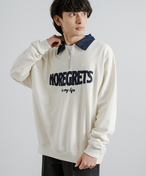 Rocky Monroe（ロッキーモンロー）の「オーバーサイズ 裏毛 襟デニムハーフZIPスウェット（スウェット・メンズ・ダークオレンジ/アイボリー/ブラック・M/L）」の4枚目の写真