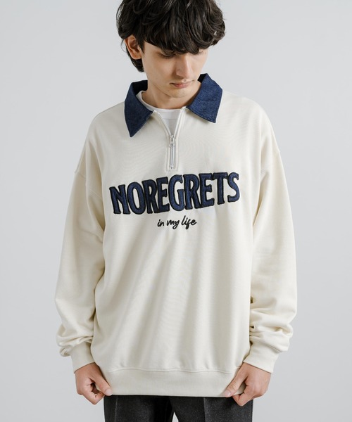 Rocky Monroe（ロッキーモンロー）の「オーバーサイズ 裏毛 襟デニムハーフZIPスウェット（スウェット・メンズ・ダークオレンジ/アイボリー/ブラック・M/L）」の5枚目の写真