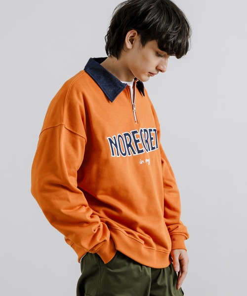 Rocky Monroe（ロッキーモンロー）の「オーバーサイズ 裏毛 襟デニムハーフZIPスウェット（スウェット・メンズ・ダークオレンジ/アイボリー/ブラック・M/L）」の13枚目の写真
