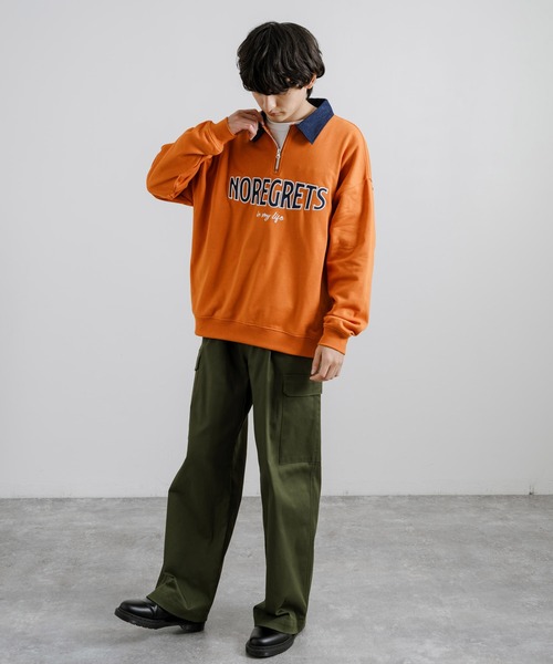 Rocky Monroe（ロッキーモンロー）の「オーバーサイズ 裏毛 襟デニムハーフZIPスウェット（スウェット・メンズ・ダークオレンジ/アイボリー/ブラック・M/L）」の15枚目の写真