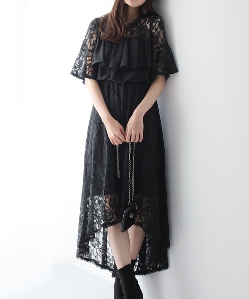 Girly Doll(ガーリードール)の「イレギュラーヘムレースワンピース(ワンピース・レディース・ブラック/ネイビー/ブルーグレー・M/L/S)」の2枚目の写真