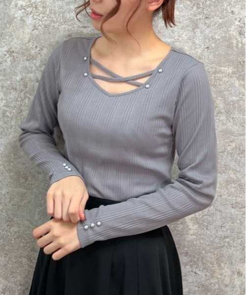 axes femme(アクシーズファム)の「2WAYパール付クロスプルオーバー(Tシャツ/カットソー・レディース・チャコール/サックスブルー/ブラック・FREE)」の1枚目の写真