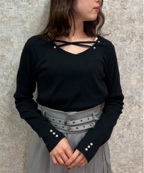 axes femme(アクシーズファム)の「2WAYパール付クロスプルオーバー(Tシャツ/カットソー・レディース・チャコール/サックスブルー/ブラック・FREE)」の2枚目の写真