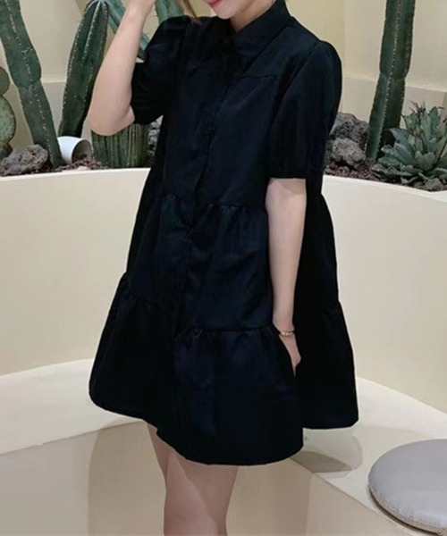 gossip!ロサンゼルス(ゴシップロサンゼルス)の「YUGA パフスリーブ シャツドレス(ワンピース・レディース・ブラック/ホワイト・M/L/XL)」の1枚目の写真