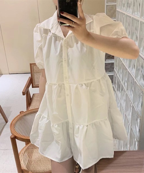 gossip!ロサンゼルス(ゴシップロサンゼルス)の「YUGA パフスリーブ シャツドレス(ワンピース・レディース・ブラック/ホワイト・M/L/XL)」の3枚目の写真