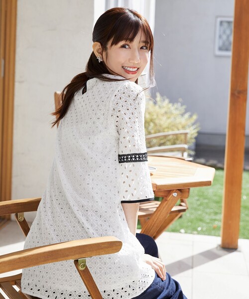 ブラウス シャツ 「小倉優子さん着用」パンチングレース配色チュニック レディース 小倉優子さん着用】パンチングレース配色チュニック（シャツ