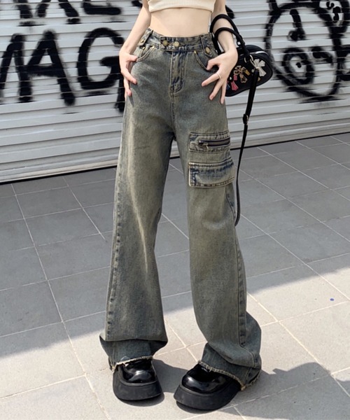 【セール】【Un】【it】【Lilamusant(リラミュゾン)】ヴィンテージライクセミワイドストレートデニムパンツ Y2K 韓国ストリート（デニムパンツ）｜Lilamusant（リラミュゾン）