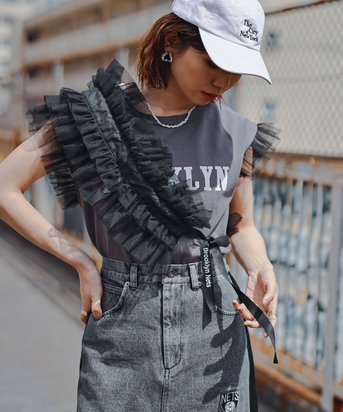 NBA（エヌビーエー）の「【NBA】別注/フリルチュールマルチサッシュ（ストール/ショール・レディース・パープル/ブラック・FREE）」の7枚目の写真