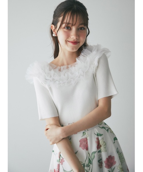tocco closet（トッコ　クローゼット）の「チュールフリルリブニットプルオーバー（Tシャツ/カットソー・レディース・ブラック/オフホワイト/ベージュ・M）」の2枚目の写真
