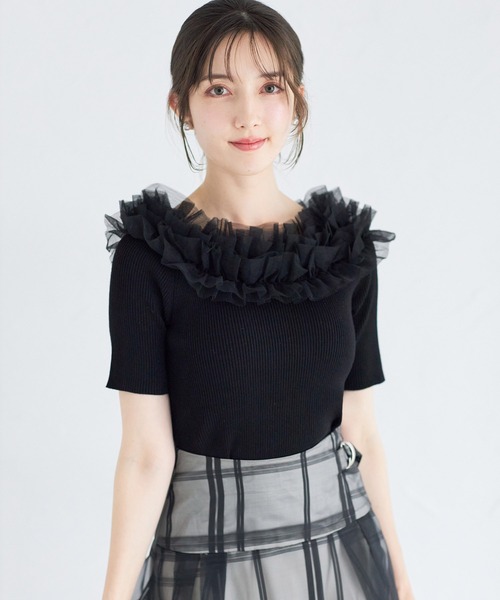 tocco closet（トッコ　クローゼット）の「チュールフリルリブニットプルオーバー（Tシャツ/カットソー・レディース・ブラック/オフホワイト/ベージュ・M）」の3枚目の写真