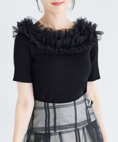 tocco closet（トッコ　クローゼット）の「チュールフリルリブニットプルオーバー（Tシャツ/カットソー・レディース・ブラック/オフホワイト/ベージュ・M）」の8枚目の写真