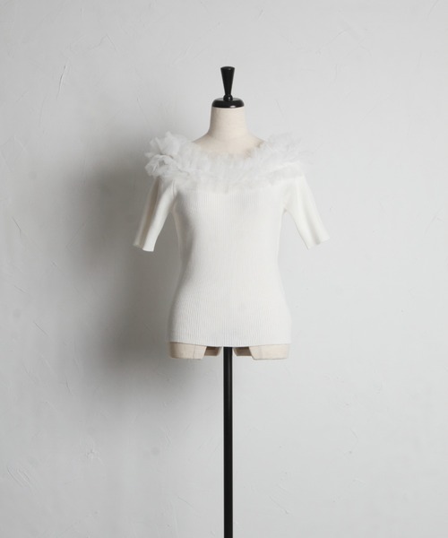 tocco closet（トッコ　クローゼット）の「チュールフリルリブニットプルオーバー（Tシャツ/カットソー・レディース・ブラック/オフホワイト/ベージュ・M）」の16枚目の写真