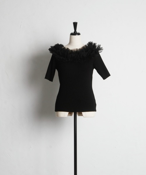 tocco closet（トッコ　クローゼット）の「チュールフリルリブニットプルオーバー（Tシャツ/カットソー・レディース・ブラック/オフホワイト/ベージュ・M）」の17枚目の写真