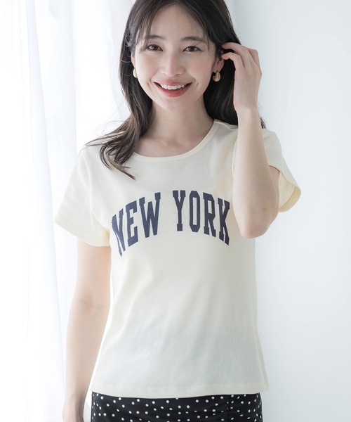 coca(coca)(コカ)の「プリントロゴリブTシャツ(Tシャツ/カットソー・レディース・アイボリー/チャコール・L/M/S)」の1枚目の写真