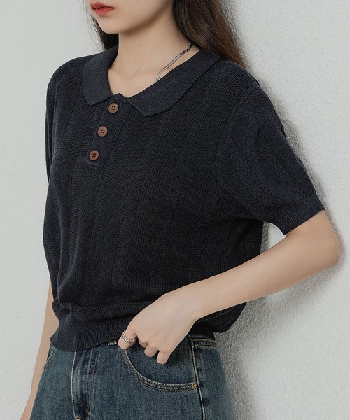 MAISON DE THERESE(メゾン ド テレーズ)の「ニットポロネックTシャツ(ポロシャツ・レディース・ブラック/グリーン/ベージュ/ネイビー・FREE)」の4枚目の写真
