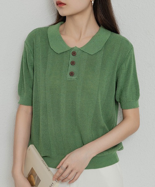 MAISON DE THERESE(メゾン ド テレーズ)の「ニットポロネックTシャツ(ポロシャツ・レディース・ブラック/グリーン/ベージュ/ネイビー・FREE)」の1枚目の写真