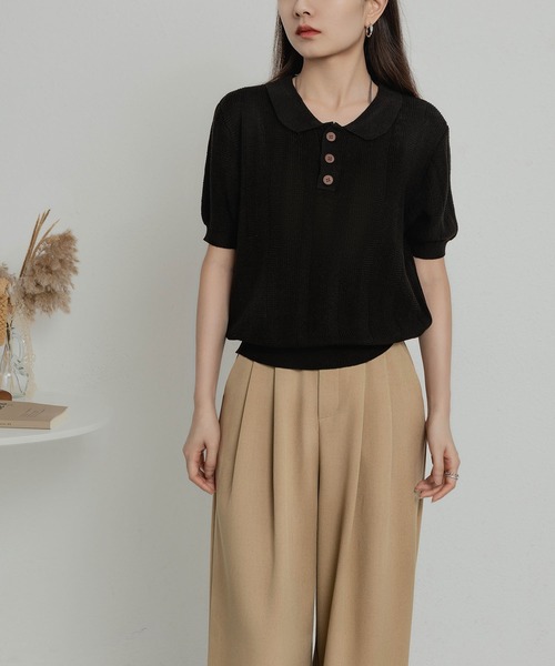 MAISON DE THERESE(メゾン ド テレーズ)の「ニットポロネックTシャツ(ポロシャツ・レディース・ブラック/グリーン/ベージュ/ネイビー・FREE)」の8枚目の写真