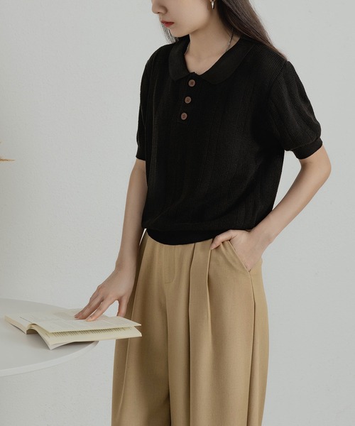 MAISON DE THERESE(メゾン ド テレーズ)の「ニットポロネックTシャツ(ポロシャツ・レディース・ブラック/グリーン/ベージュ/ネイビー・FREE)」の9枚目の写真
