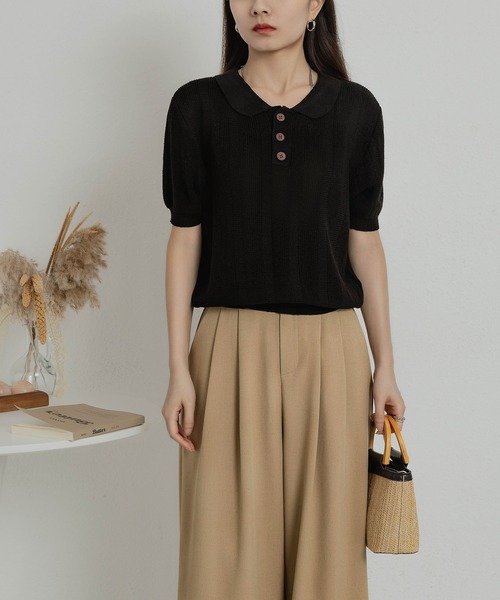 MAISON DE THERESE(メゾン ド テレーズ)の「ニットポロネックTシャツ(ポロシャツ・レディース・ブラック/グリーン/ベージュ/ネイビー・FREE)」の10枚目の写真