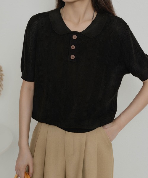 MAISON DE THERESE(メゾン ド テレーズ)の「ニットポロネックTシャツ(ポロシャツ・レディース・ブラック/グリーン/ベージュ/ネイビー・FREE)」の6枚目の写真